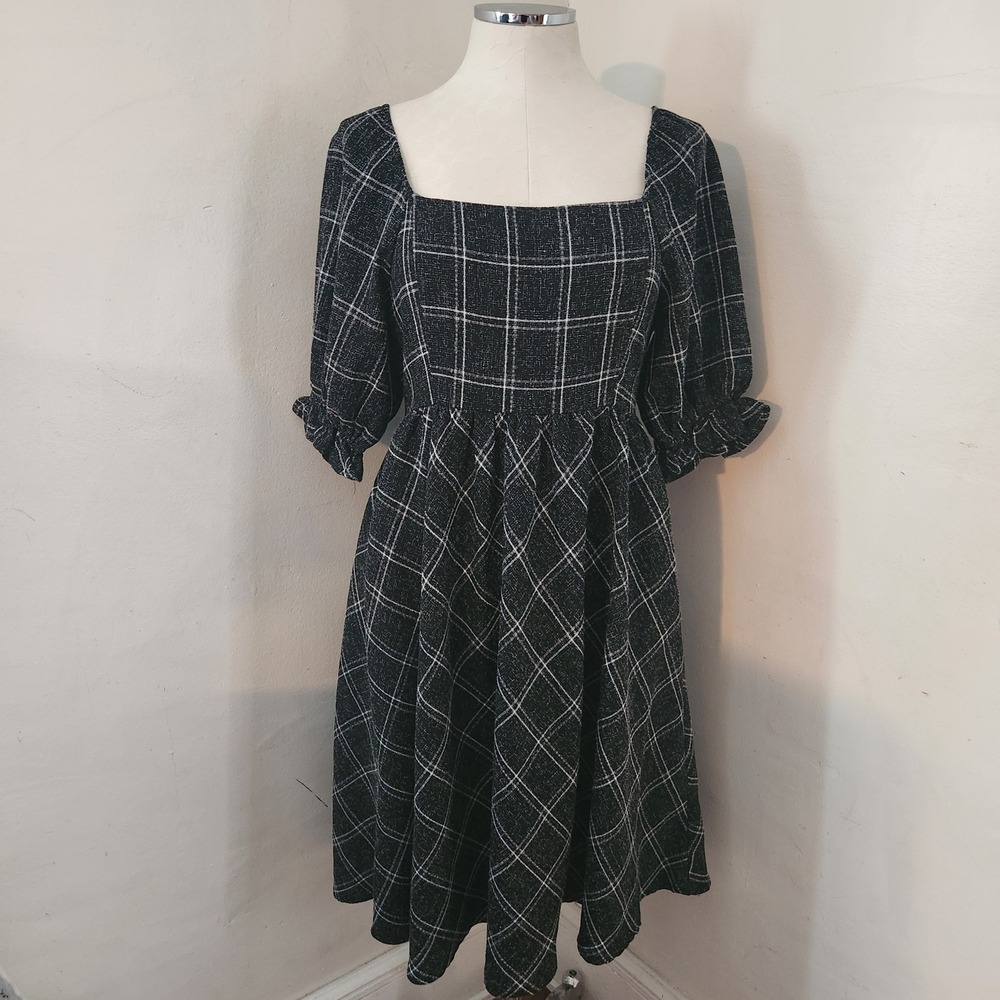 Calista‎ Black White Plaid Square Neck Puff Sleeve Midi Dress Small